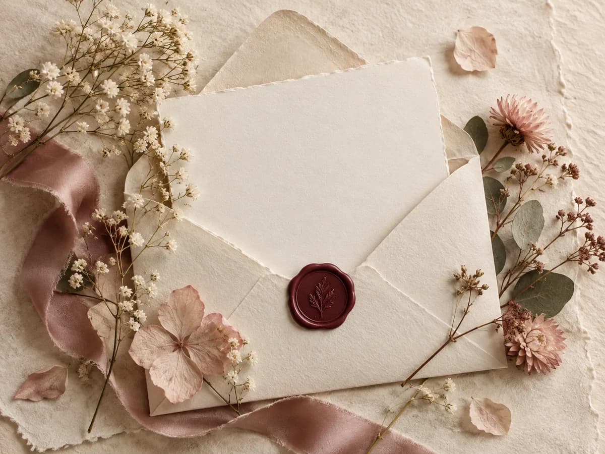 Sobre, papel artesanal, sello de cera y flores secas